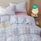 Blue Plaid Twin Comforter Set Pink Bow, Soft Microfiber Bedding