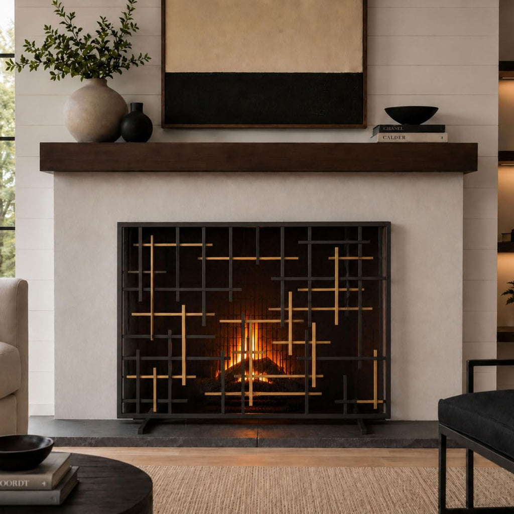 Pilgrim Home and Hearth 18332 Contemporary Summer Screen, Black with Brass Accents