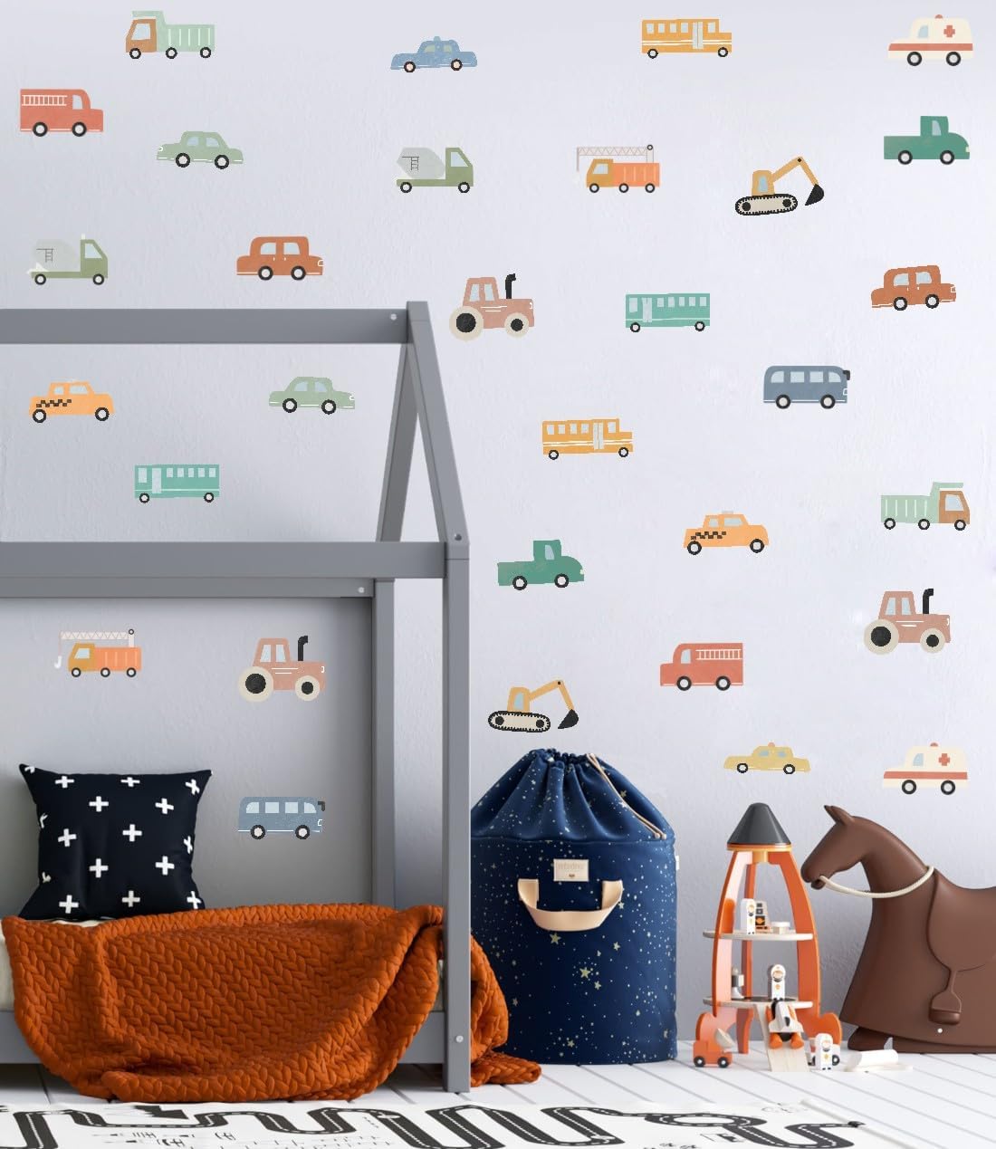 YIMEHDAN Watercolor Transportation Vehicle Wall Decals,Truck Tractor Excavator Bus Vinyl Wall Stickers, Self-Adhesive Cartoon Construction Car Artwork for Boys Bedroom Playroom Decor