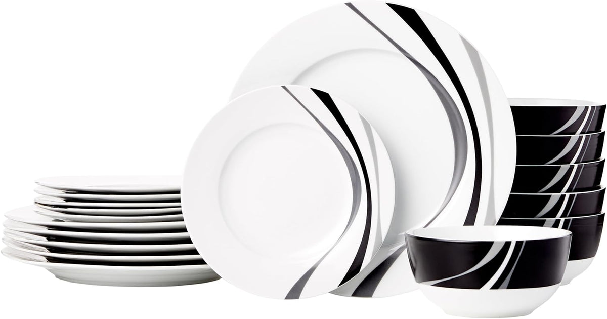 Amazon Basics 18-Piece Complete Kitchen Dinnerware Set, Microwave and Dishwasher Safe, Plates, Dishes, Bowls, Swirl, Heat Resistant, Service for 6, Everyday Use