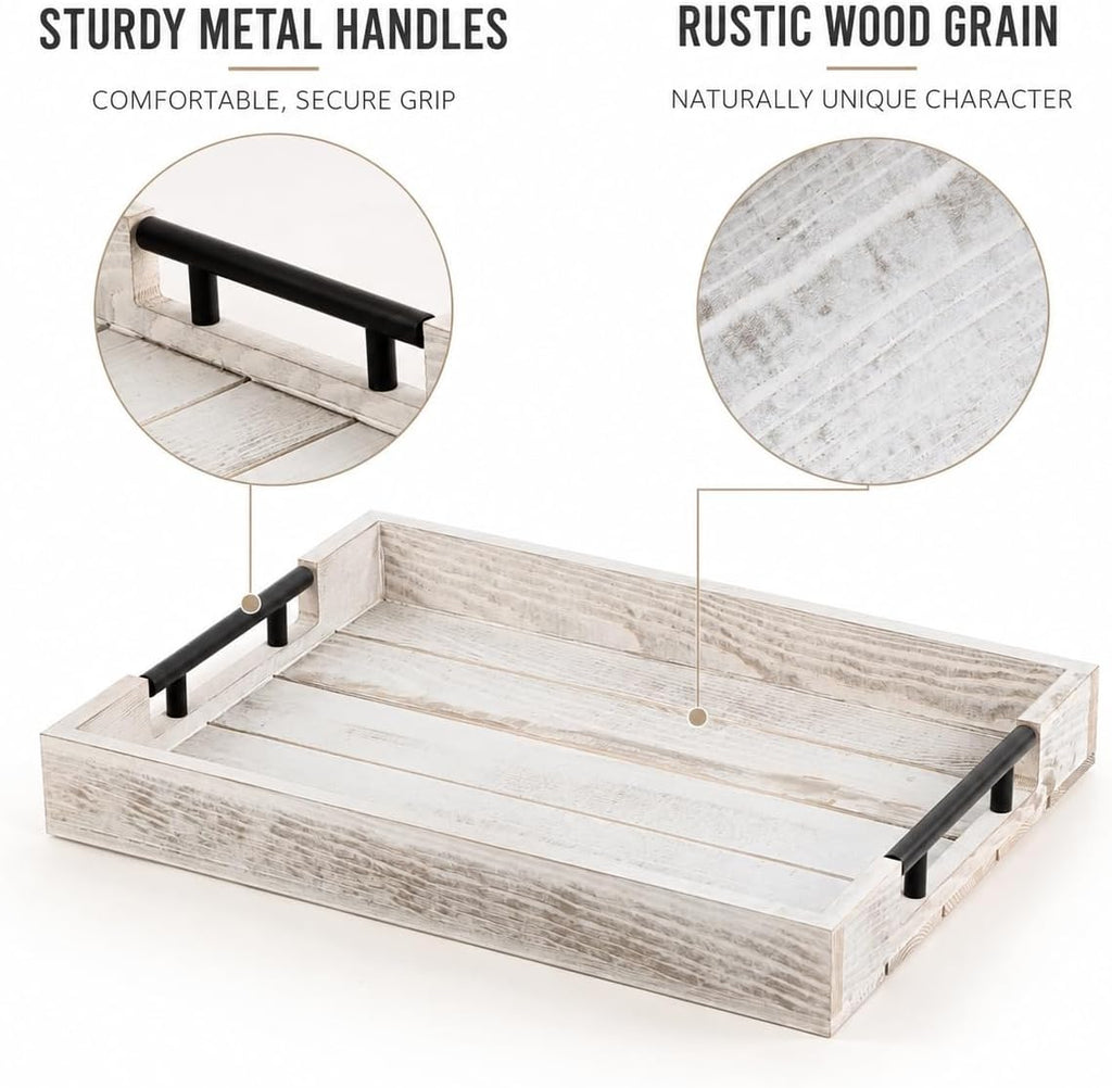 Whitewashed Wooden Serving Tray with Black Metal Handles and 4 Coasters, 16.1 x 11.8 Inch Rustic Farmhouse Ottoman Tray for Coffee Table, Living Room, Breakfast and Home Decor