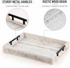 Whitewashed Wooden Serving Tray with Black Metal Handles and 4 Coasters, 16.1 x 11.8 Inch Rustic Farmhouse Ottoman Tray for Coffee Table, Living Room, Breakfast and Home Decor
