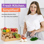 Stackable Bamboo Pantry Organizer - 3-Piece Storage Basket Set for Potato, Onion & Kitchen Cabinet, Tool-Free Assembly, Multi-Size Bins