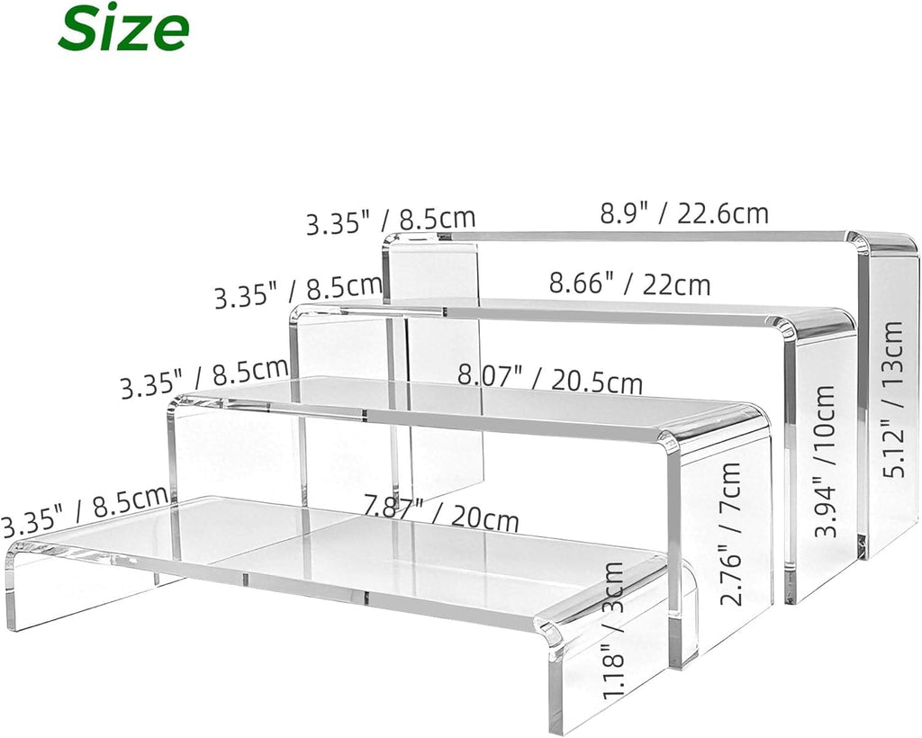 4-Pack Clear Acrylic Risers for Display – Tiered Rectangular Display Riser Shelves for Perfume, Figures & Jewelry, 4 Graduated Sizes up to 9.05"x2.95"x5.11", 5mm Thick Shelf Riser