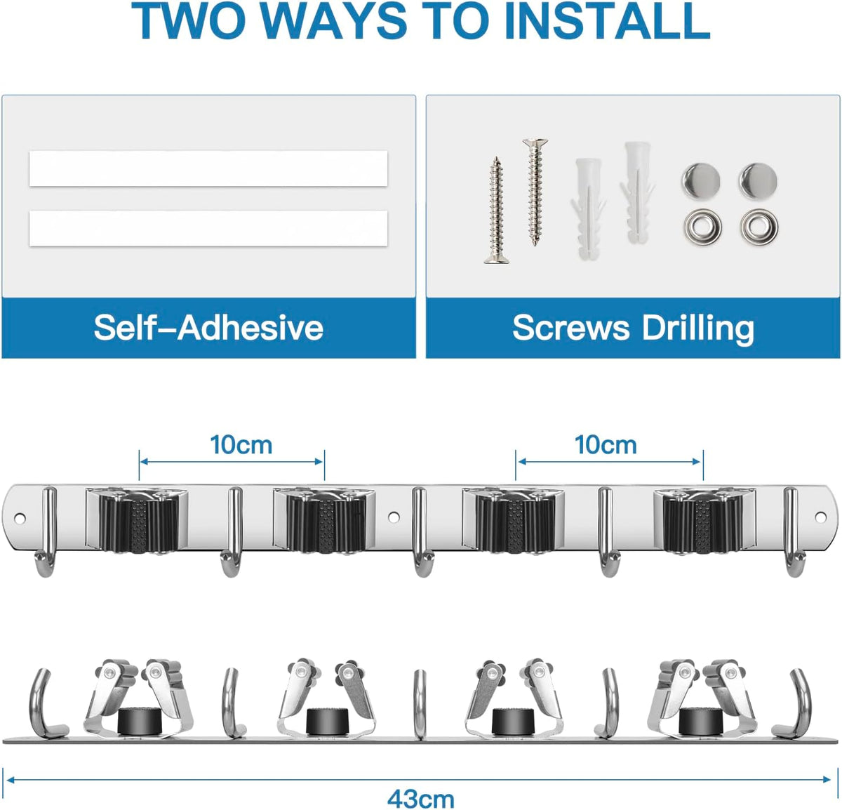 IMILLET 2 Pack Broom Holder Wall Mount Stainless Steel Mop Organizer