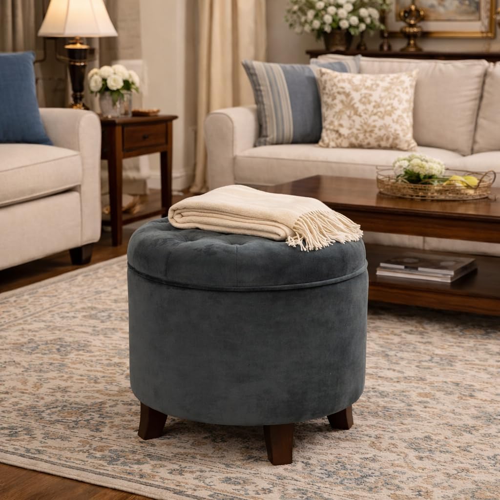 Homepop Home Decor | Upholstered Round Velvet Tufted Foot Rest Ottoman | Ottoman with Storage for Living Room & Bedroom | Decorative Home Furniture, Dark Gray Small
