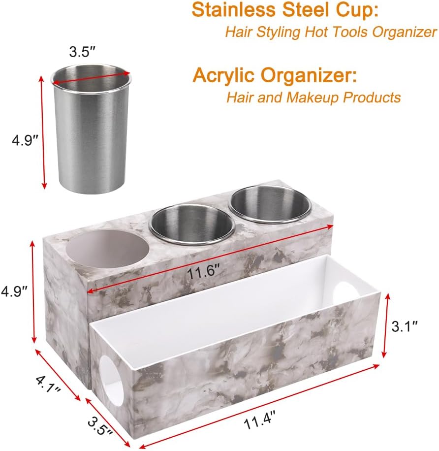Hot Hair Styling Tool Organizer with 3 Stainless Steel Cups, Marble
