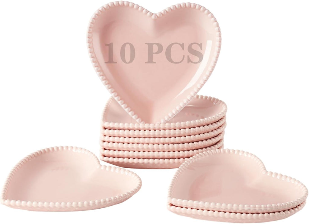 6.3 Inch Ceramic Pink Dessert Plates, Heart Shaped Appetizer Plate Set, 10P