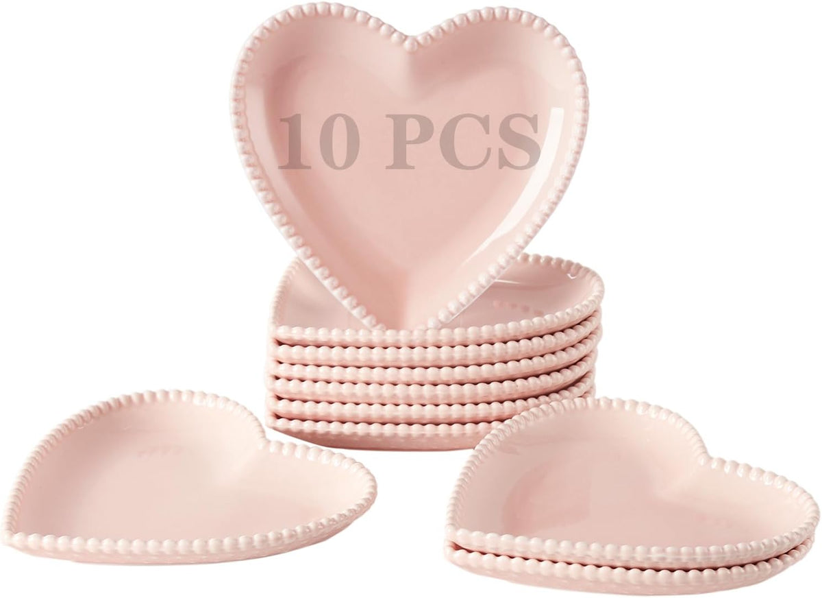 6.3 Inch Ceramic Pink Dessert Plates, Heart Shaped Appetizer Plate Set, 10P