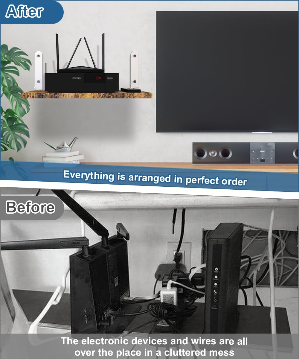 Wall-Mounted Projector Shelf, Wooden Media Holder Holds Up to 24 lbs, Floating Entertainment Shelves Furniture for Cable Box, WiFi Router, TV Box, Game Console, DVD Player, White
