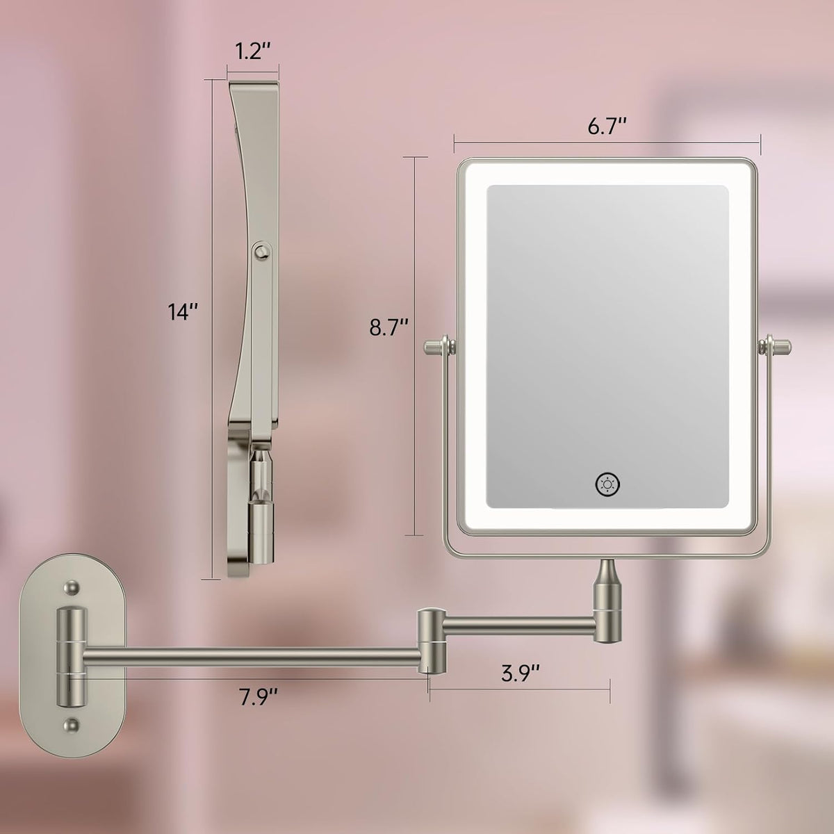 FASCINATE 8.7" 5000mAh Rechargeable Wall Mounted Makeup Mirror (Nickel)
