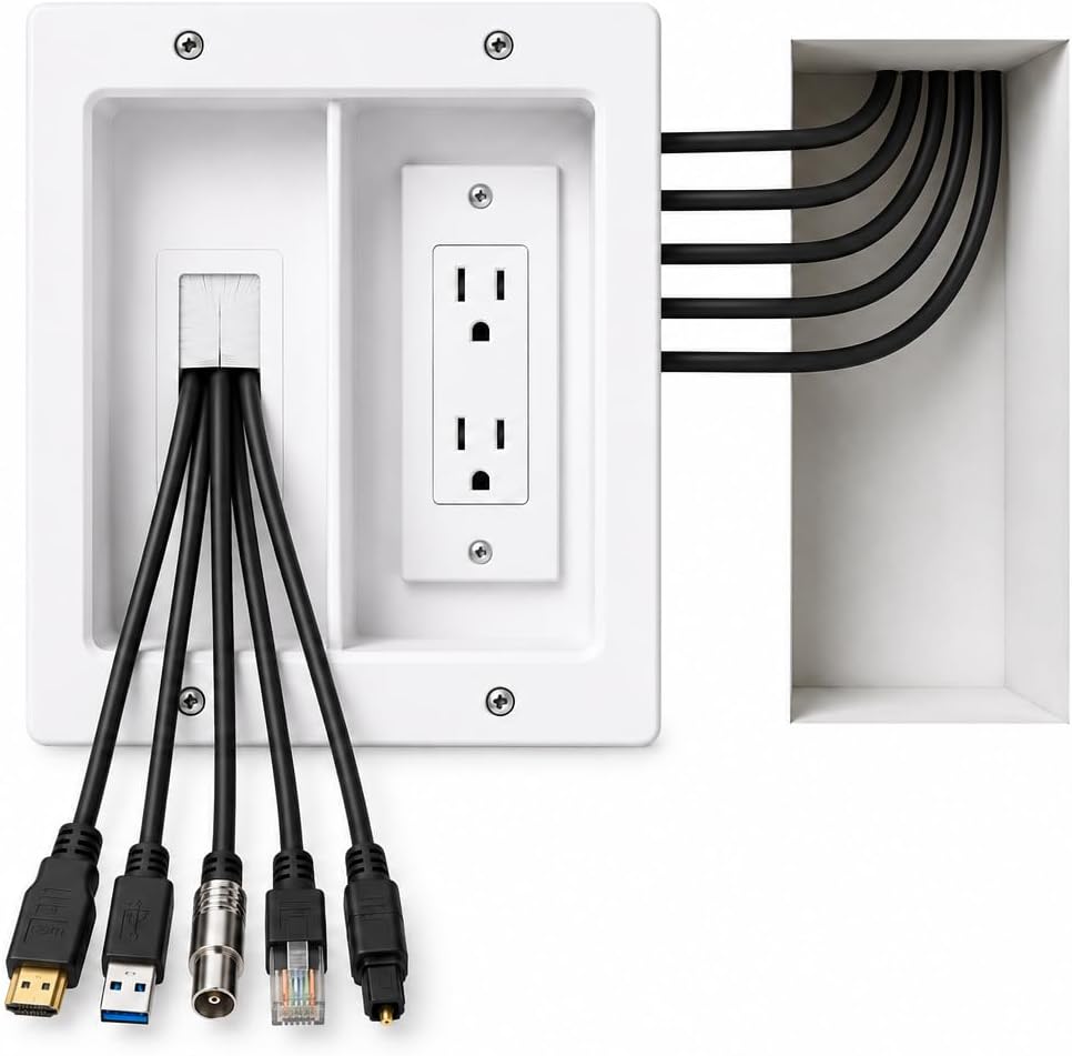 Premium in Wall TV Cable Management Kit for 65+ Inch Smart TVs with Recessed Triple Outlet Box, Wire Hider, Pass Through Plate, Low Voltage Cable Plate, Wire Concealer, Home Theater DIY