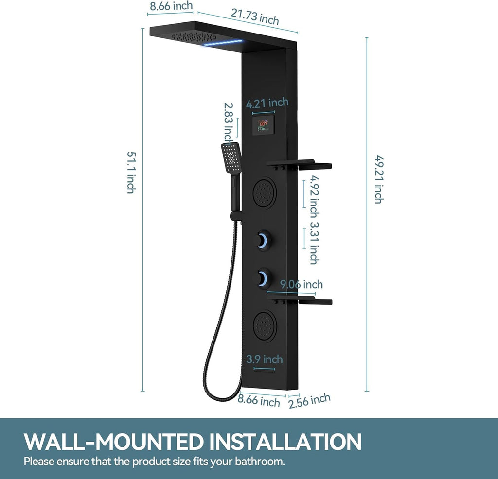 5 in 1 Matte Black Rainfall Shower Panel Tower System With Storage Shelf