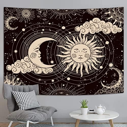 Wonrizon Sun and Moon Tapestry, Aesthetic Black Dark Spiritual Tapestries Mystic Burning Sun with Clouds Star Wall Hanging decor for Bedroom (59.1" x 82.7")