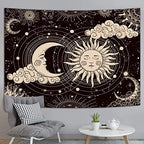 Wonrizon Sun and Moon Tapestry, Aesthetic Black Dark Spiritual Tapestries Mystic Burning Sun with Clouds Star Wall Hanging decor for Bedroom (59.1" x 82.7")