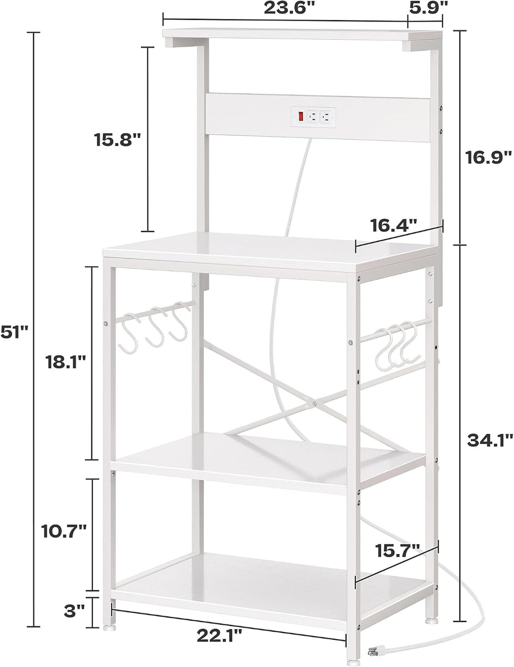 SUPERJARE Kitchen Bakers Rack with Power Outlet, Coffee Bar Table 4 Tiers, Kitchen Microwave Stand with 6 S-Shaped Hooks, Storage Shelf Rack for Spices, Pots and Pans - White