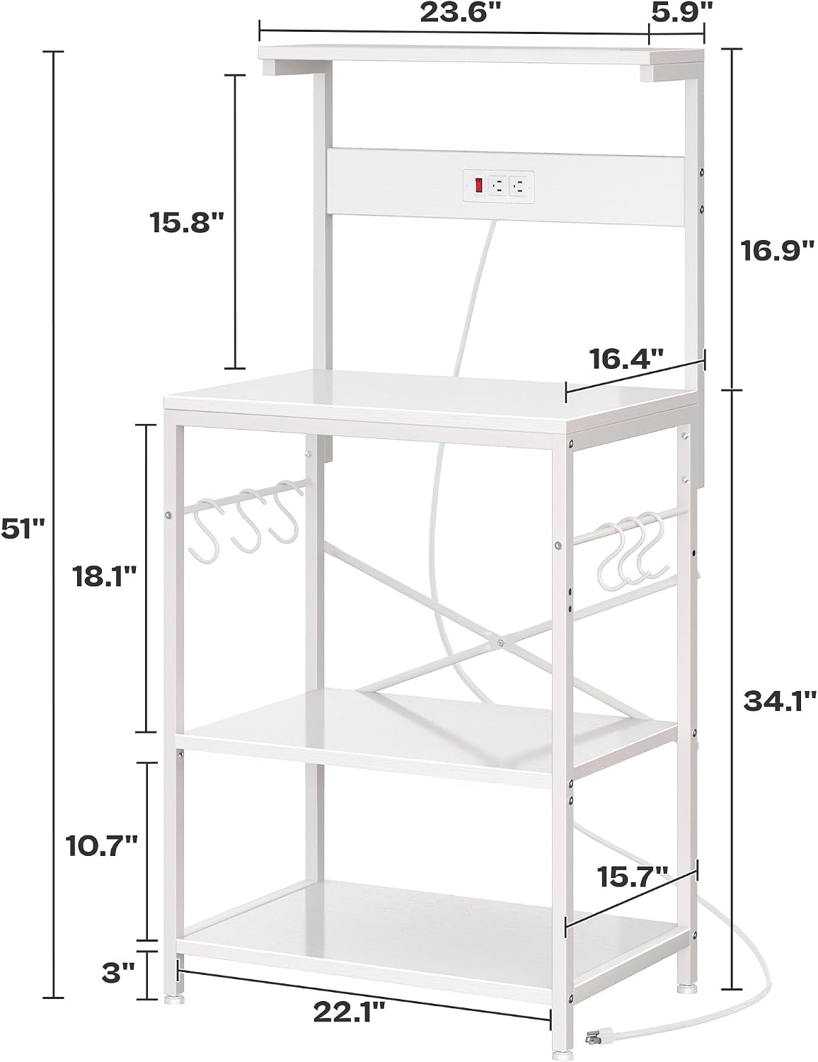 SUPERJARE Kitchen Bakers Rack with Power Outlet, Coffee Bar Table 4 Tiers, Kitchen Microwave Stand with 6 S-Shaped Hooks, Storage Shelf Rack for Spices, Pots and Pans - White