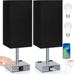 Set of 2 Bedside Table Lamp 3 Way Dimmable Nightstand Lamp with USB C & USB A Charging Port, 2 AC Outlets, 3000K LED Bulbs (Black)