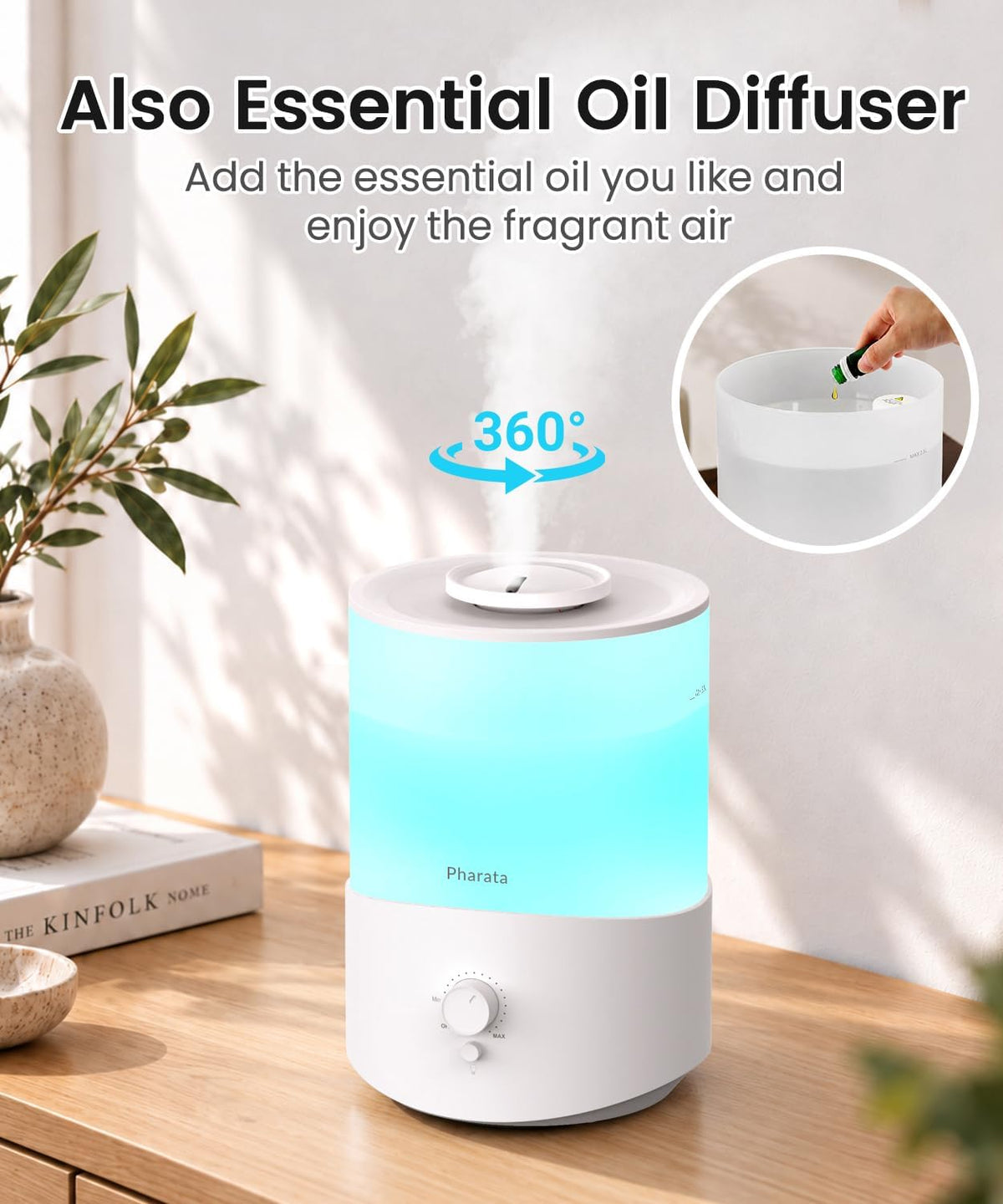 Pharata Humidifiers for Bedroom Large Room, 2.5L Cool Mist Humidifier with Essential Oil Diffuser, Top Fill Humidifier for Baby, Home, Plant, Ultrasonic Humidification for whole house, Auto Shut-Off
