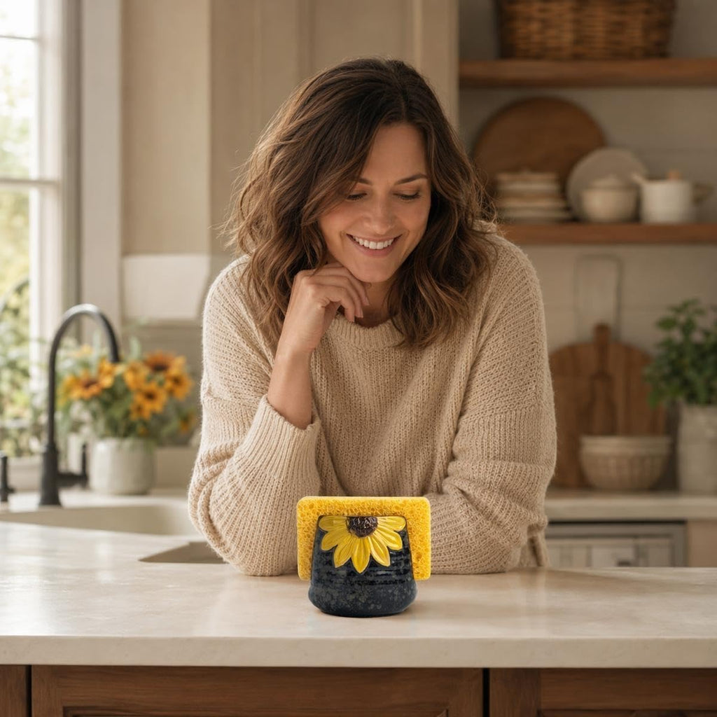 Ceramic Sunflower Dish Sponge Holder For Kitchen Sink Caddy Organizer Decor