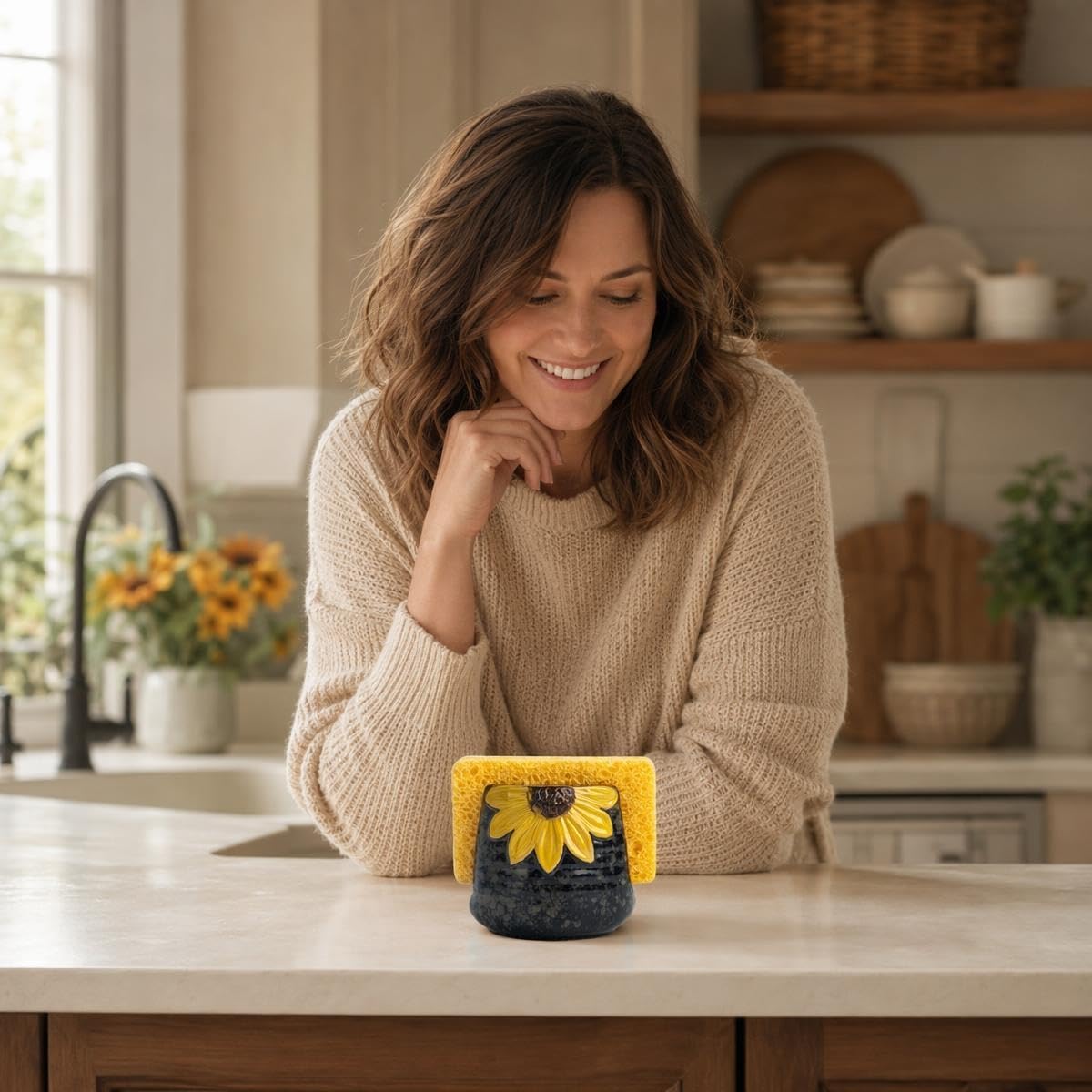 Ceramic Sunflower Dish Sponge Holder For Kitchen Sink Caddy Organizer Decor