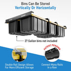 USA Based Overhead Garage Storage Rack, Connectable Heavy Duty Metal Ceiling Rails Garage Storage Organization Shelving System, Hanging Racks Tote Containers, Supports Up To 6 Bins, 4 Sets Black