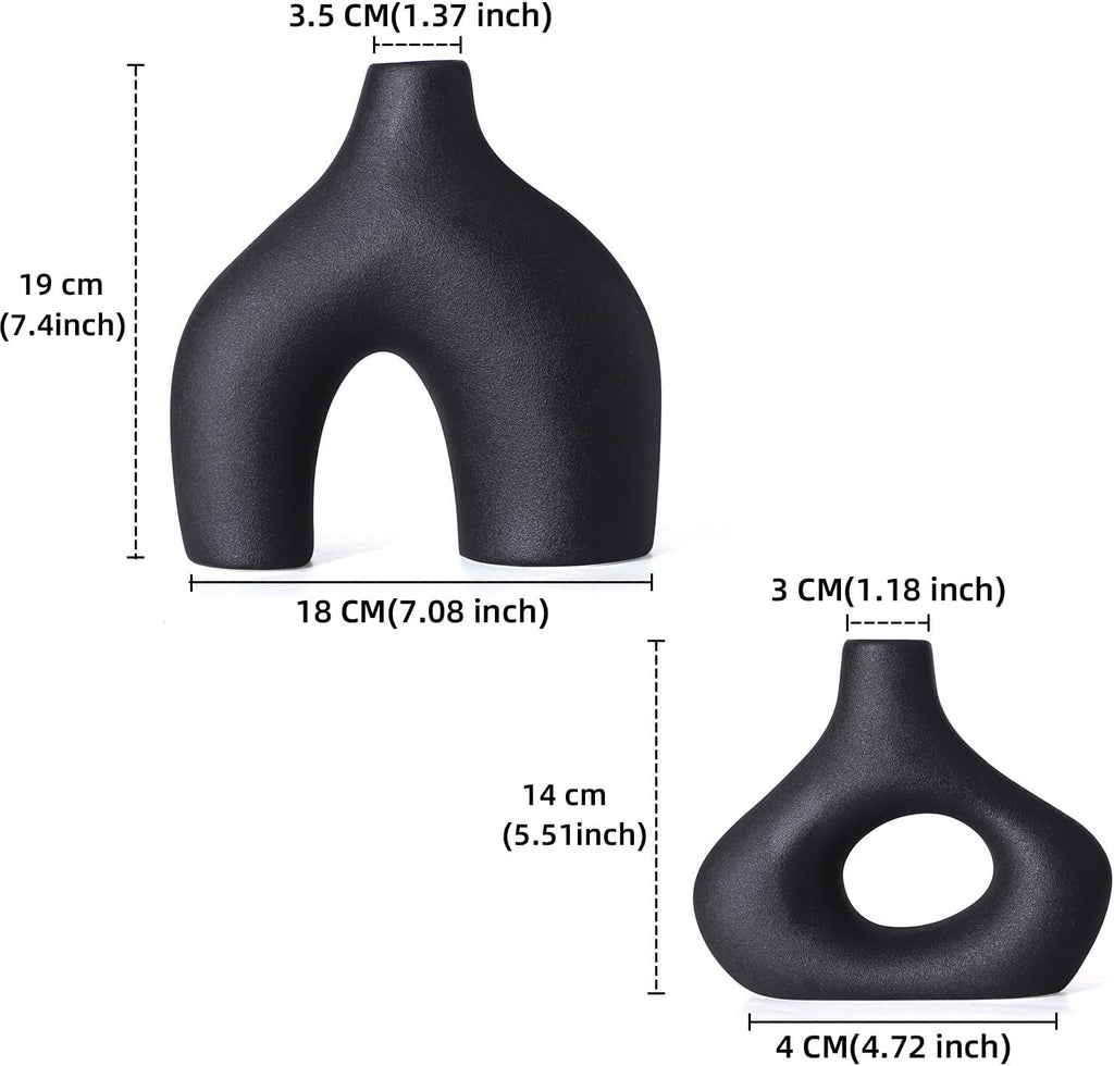 CEMABT Black Ceramic Vase Set of 2 for Modern Minimalist Bohemian Decor，Round Matte Donut Vases for Pampas Grass-Perfect for Living Room, Dining Table, Office Bedroom Shelf Decor Entryway, Console