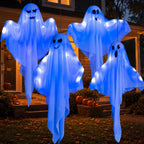 Kiddokids 4 Pack Halloween Hanging Ghost Decorations, 27.5" Light Up Spooky Floating Ghosts with Blue LED, Outdoor & Indoor Haunted House, Porch, Yard, Party Decor, Patio Lawn Garden