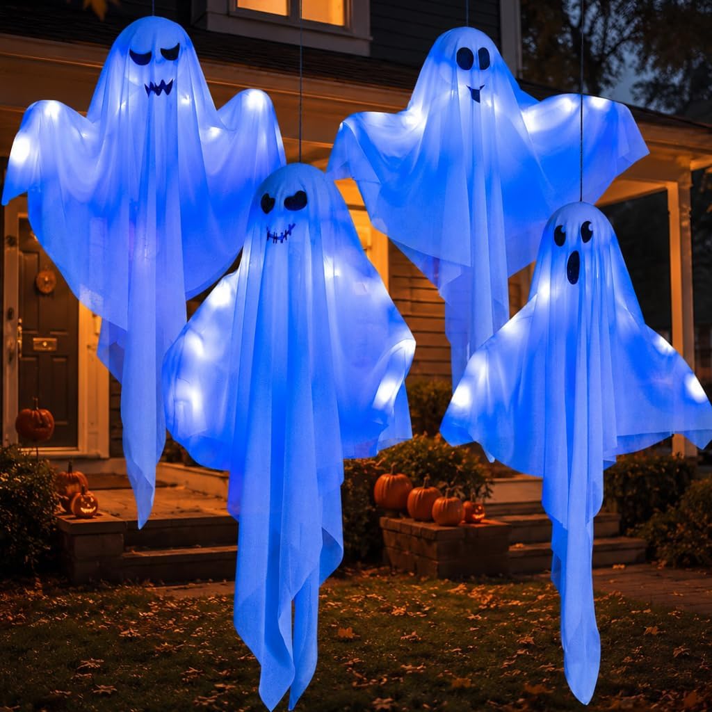 Kiddokids 4 Pack Halloween Hanging Ghost Decorations, 27.5" Light Up Spooky Floating Ghosts with Blue LED, Outdoor & Indoor Haunted House, Porch, Yard, Party Decor, Patio Lawn Garden