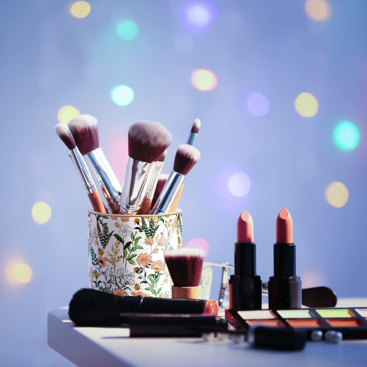Large Capacity Colored Pen Holder for Desk, Ceramic Pencil Holder Pen Cup Marker Holder Makeup Brush Holders, Desk Accessories & Workspace Organizers for Home, Office, White Flower