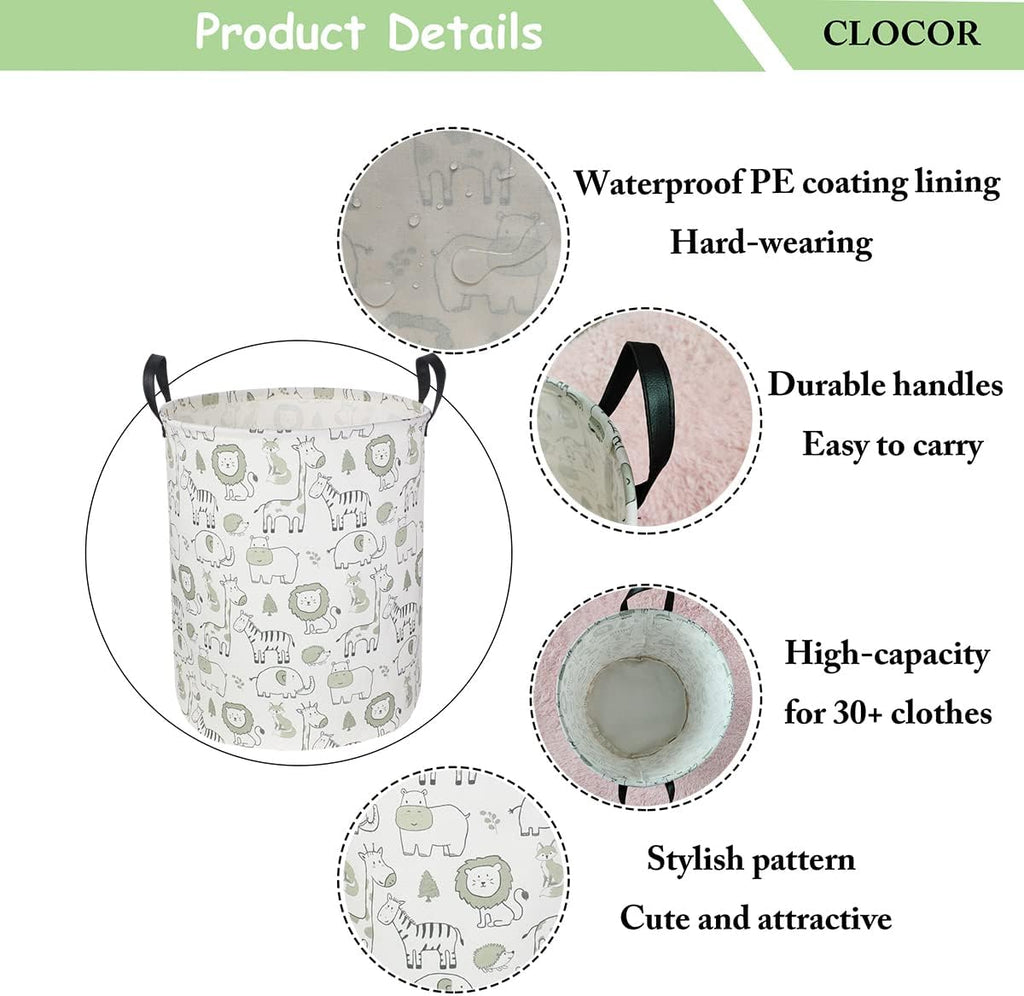 CLOCOR Laundry Basket,Collapsible Storage Baskets,Room Decor,Gift Basket（Green Animals