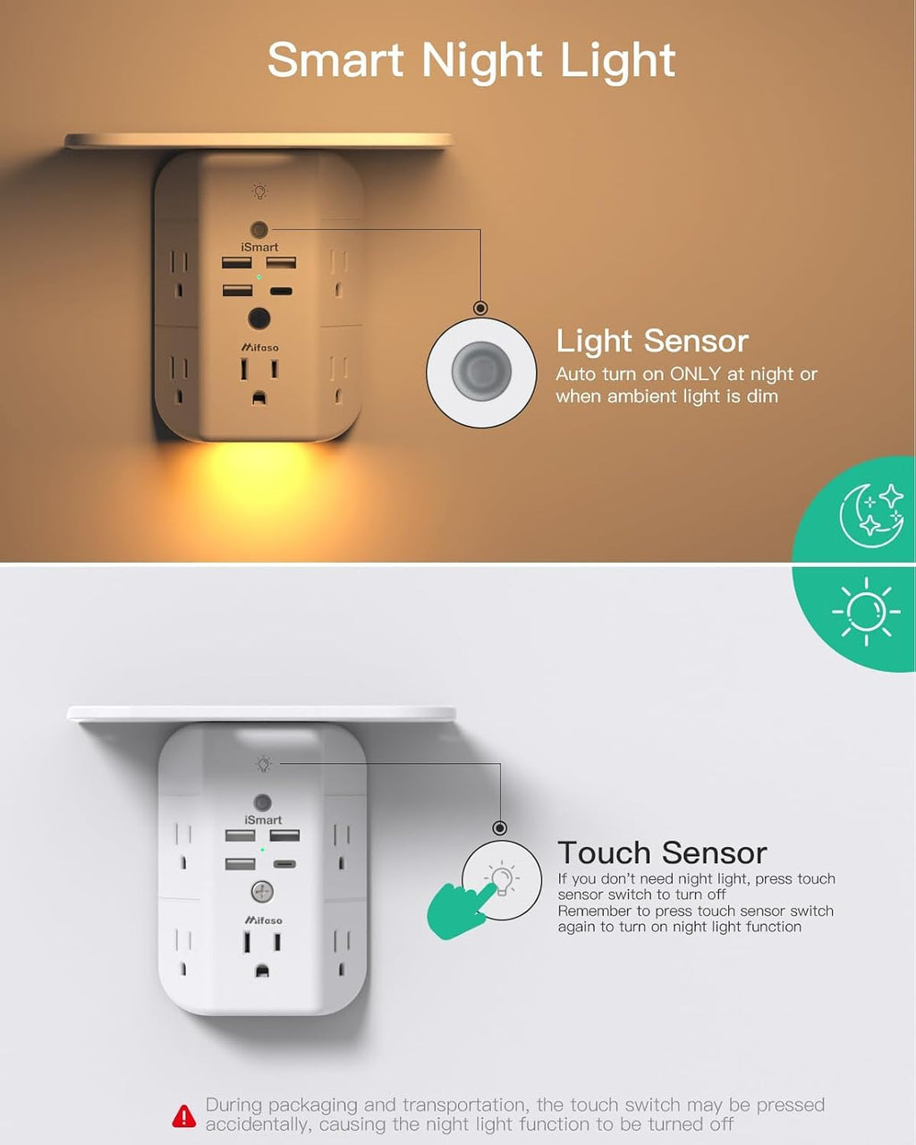 Mifaso Outlet Extender with Shelf and Night Light, 1800J Surge Protector