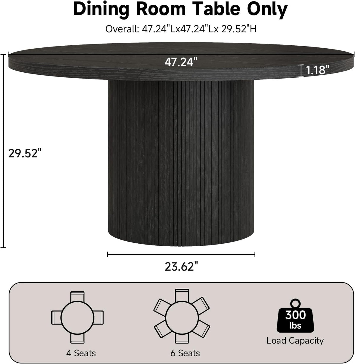 ComfyCorner 47" Round Dining Table, Circle Fluted Kitchen Table Only Black