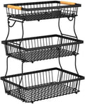 3 Tier Fruit Basket for Kitchen Counter with 2 Banana Hangers, Countertop Metal Fruit Bowl with Wooden Handle, Large Storage Stand for Vegetables, Snacks, Breads, Produce Storage – Black