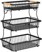 3 Tier Fruit Basket for Kitchen Counter with 2 Banana Hangers, Countertop Metal Fruit Bowl with Wooden Handle, Large Storage Stand for Vegetables, Snacks, Breads, Produce Storage – Black