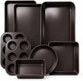 Nonstick Bakeware Set 8 Piece - Stackable Baking Pan Set, Oven safe 450°F, Carbon Steel Baking Set with Muffin, Loaf, Cookie Sheets & Roaster, Easy Storage, BPA-Free (Dark Brown)