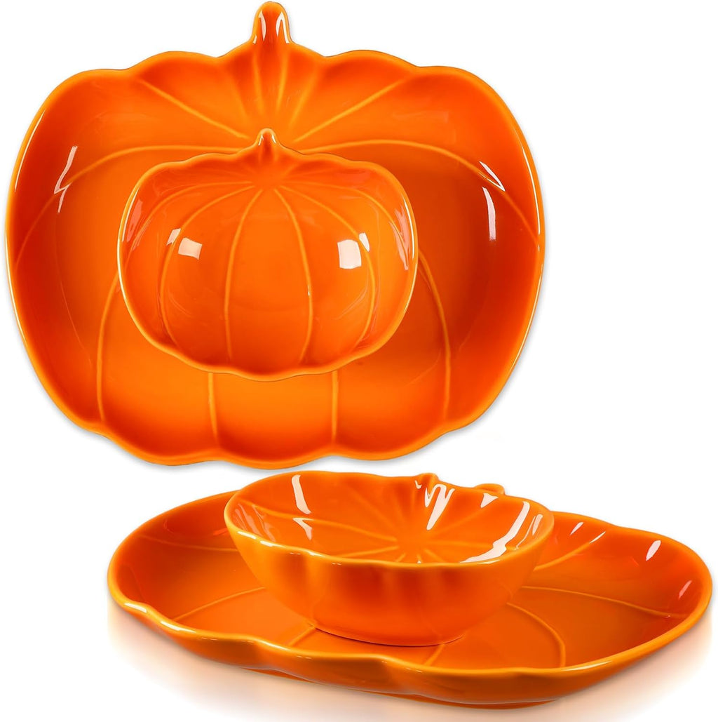 Tioncy 4 Pcs 9 Inch Pumpkin Shaped Plates and 5 Inch Fall Ceramic Bowls Set