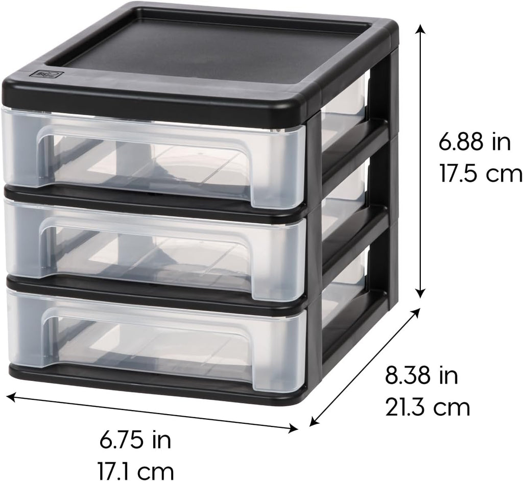 IRIS USA 2-Pack, 3-Drawer Small Plastic Stacking Desktop Organizer, Black