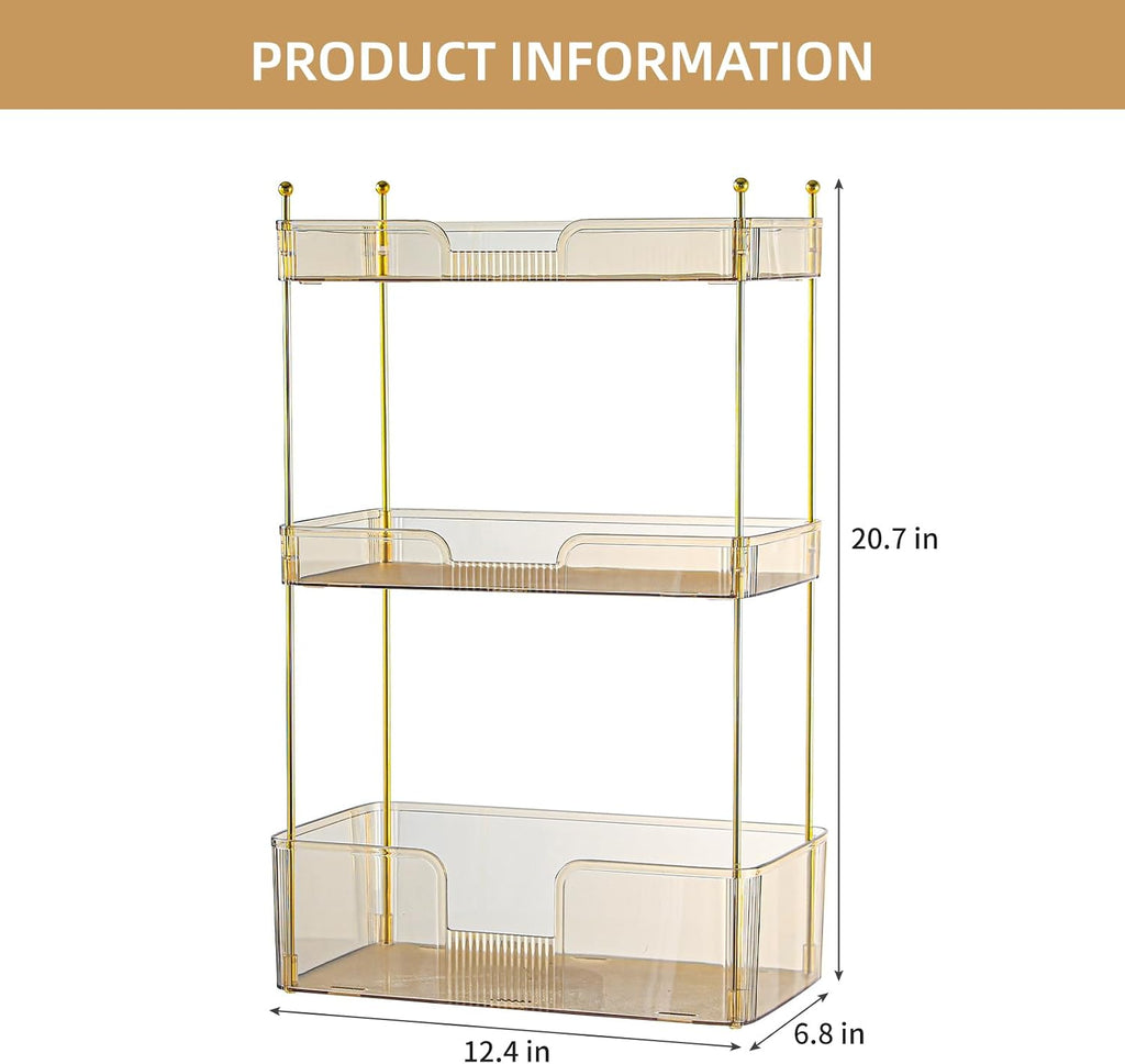 Akinbas 3 Tier Bathroom Organizer Countertop Makeup Perfume Tray Skincare Organizer for Bathroom Dresser Vanity (Gold)
