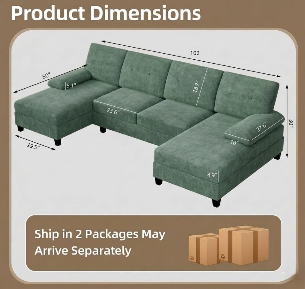 Shintenchi U-Shaped Sectional Couches for Living Room, 4 Seat Sofa with Double Chaise Lounges,Solid Wood Frame Sectional Sofa for Apartment,White
