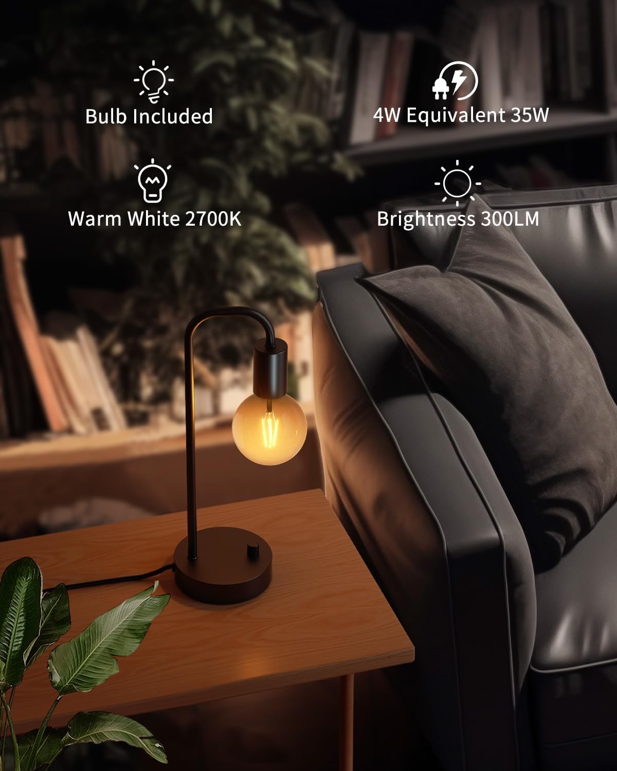 ONEWISH Industrial Table Lamp with 2 USB Port, Fully Dimmable Nightstand Bedside Lamps for Bedroom,Desk Lamps with 2700K Black Gradient Bulb for Reading Living Room,Office