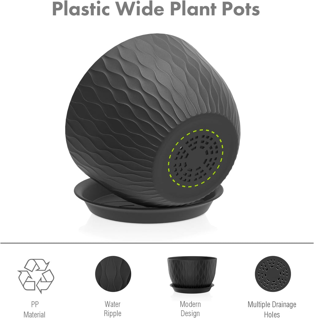 Meowell 12/10/9 inch Large Plant Pots, 3 Pack Wide Flower Pots for Outdoor Indoor Plants with Water Ripples, Big Plastic Planters with Drainage Holes and Saucers for Garden House Plants, Black