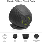 Meowell 12/10/9 inch Large Plant Pots, 3 Pack Wide Flower Pots for Outdoor Indoor Plants with Water Ripples, Big Plastic Planters with Drainage Holes and Saucers for Garden House Plants, Black
