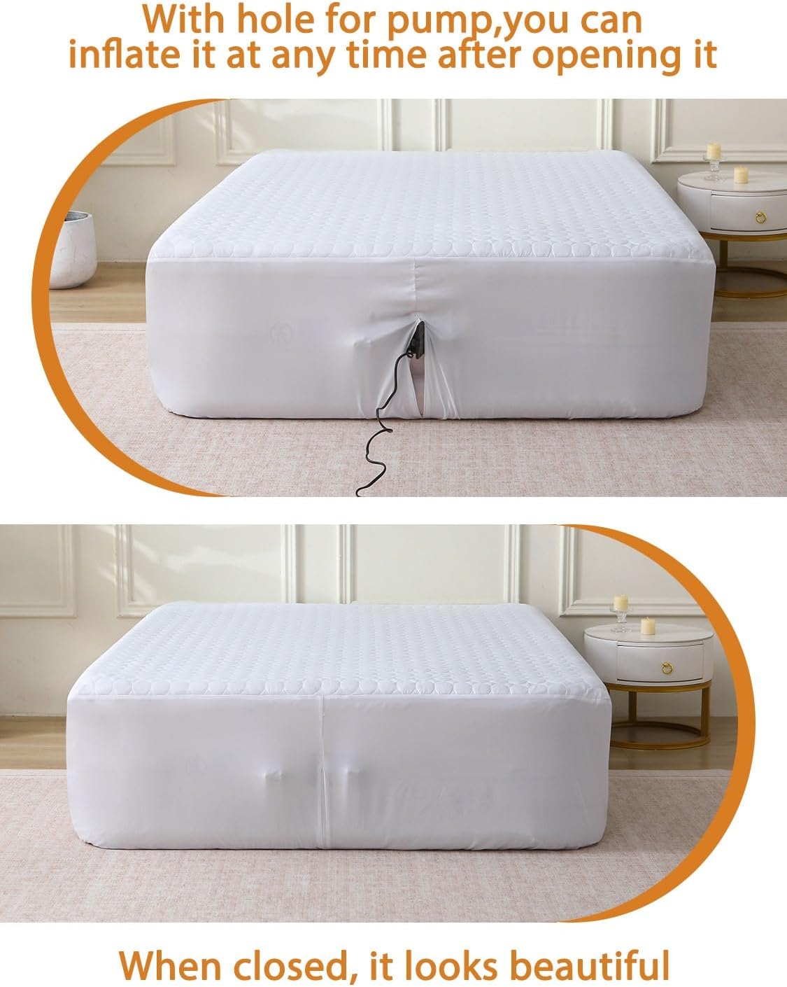 Bedecor Quilted Air Mattress Pad, Pump Access Zipper, Queen, White Oval