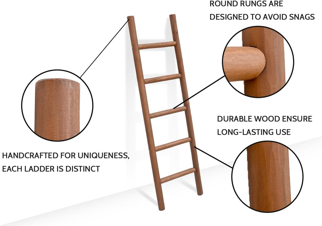 FUIN Blanket Ladder, 57in Rustic Solid Wood Decorative Ladder, Dark Brown