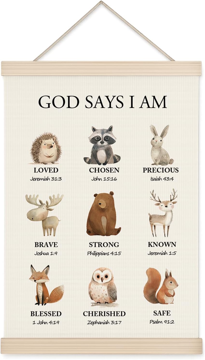 Woodland Christian Wall Art for Nursery, 11x17in Oxford Cloth Hanging Banner with Bible Verses, Woodland Animal Forest Theme Scripture Decor for Kids Bedroom, Prayer Room, Nursery & Spiritual Gifts