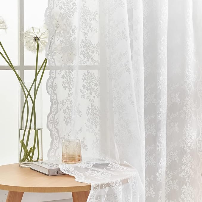 YJ YANJUN Vintage Lace Curtains White Sheer Curtains 96 inches Long 2 Panels - Image 3