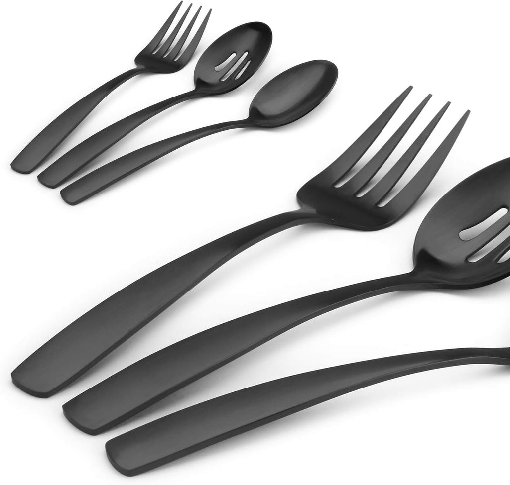 Bysta Serving Utensils Set, Matte Black 5-Piece Hostess Set, Stainless Steel Silverware Flatware Cutlery Serving Set, Satin Finish, Dishwasher Safe