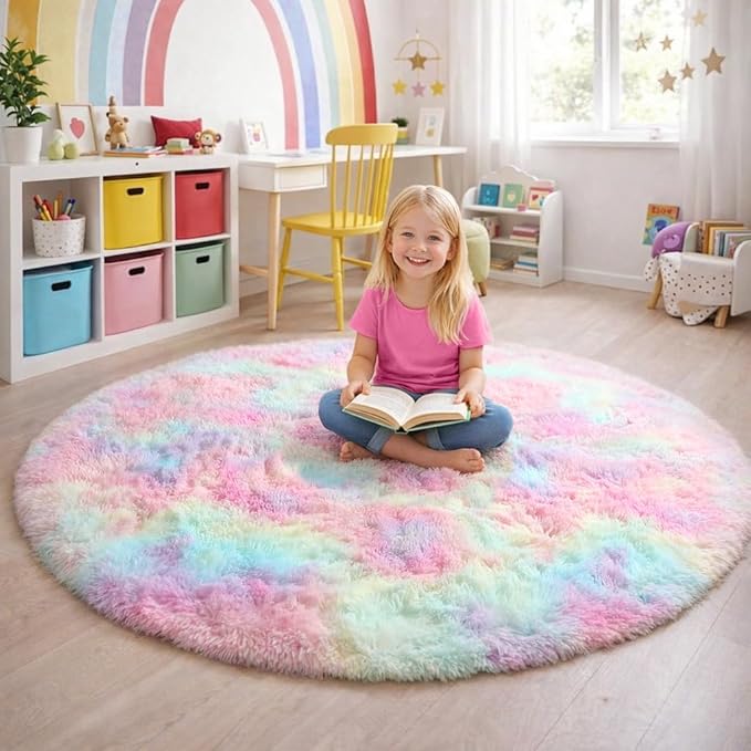 Amdrebio Rainbow Fluffy Round Rug 5Ft Kids Rugs - Image 5