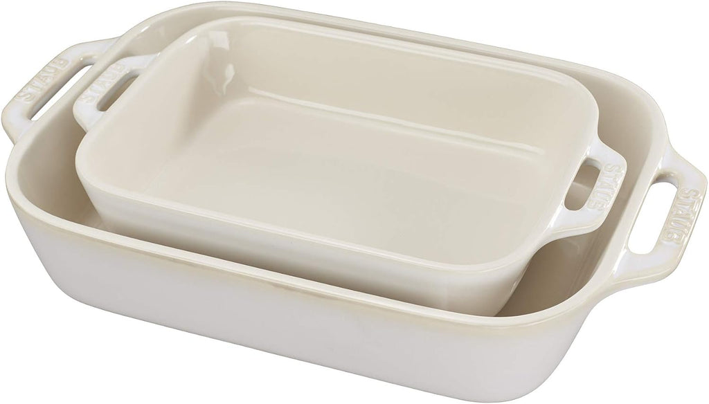 STAUB Ceramic Rectangular Baking Dish Set, 2 pc, Rustic Ivory
